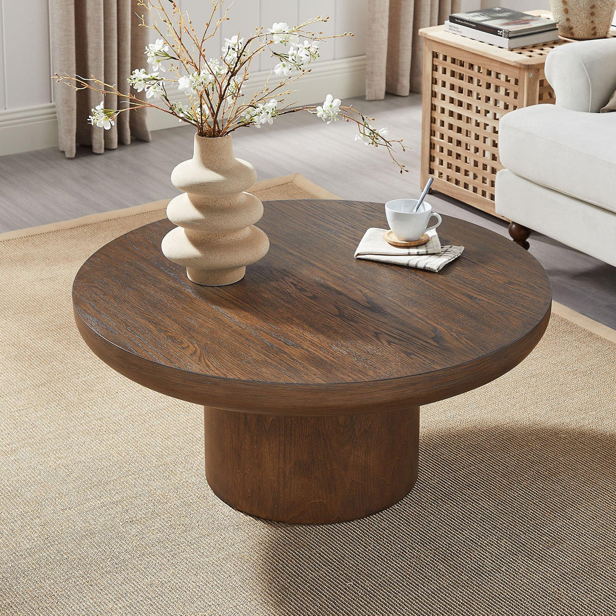 Round Coffee Table With Cylindrical Leg Dark Brown - Furniture Home Direct