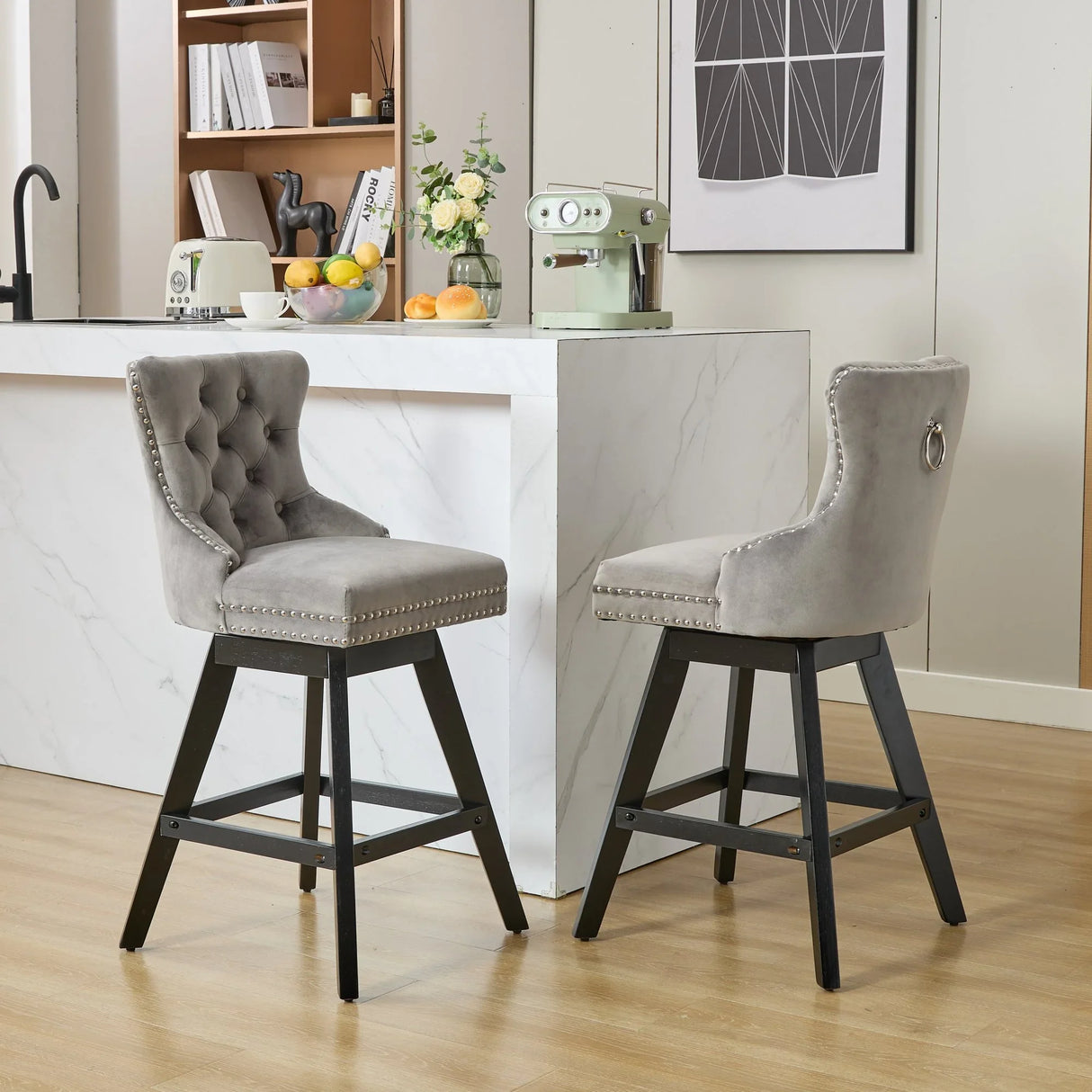Counter Height Bar Stools Velvet Upholstery Tufted Gray - Furniture Home Direct