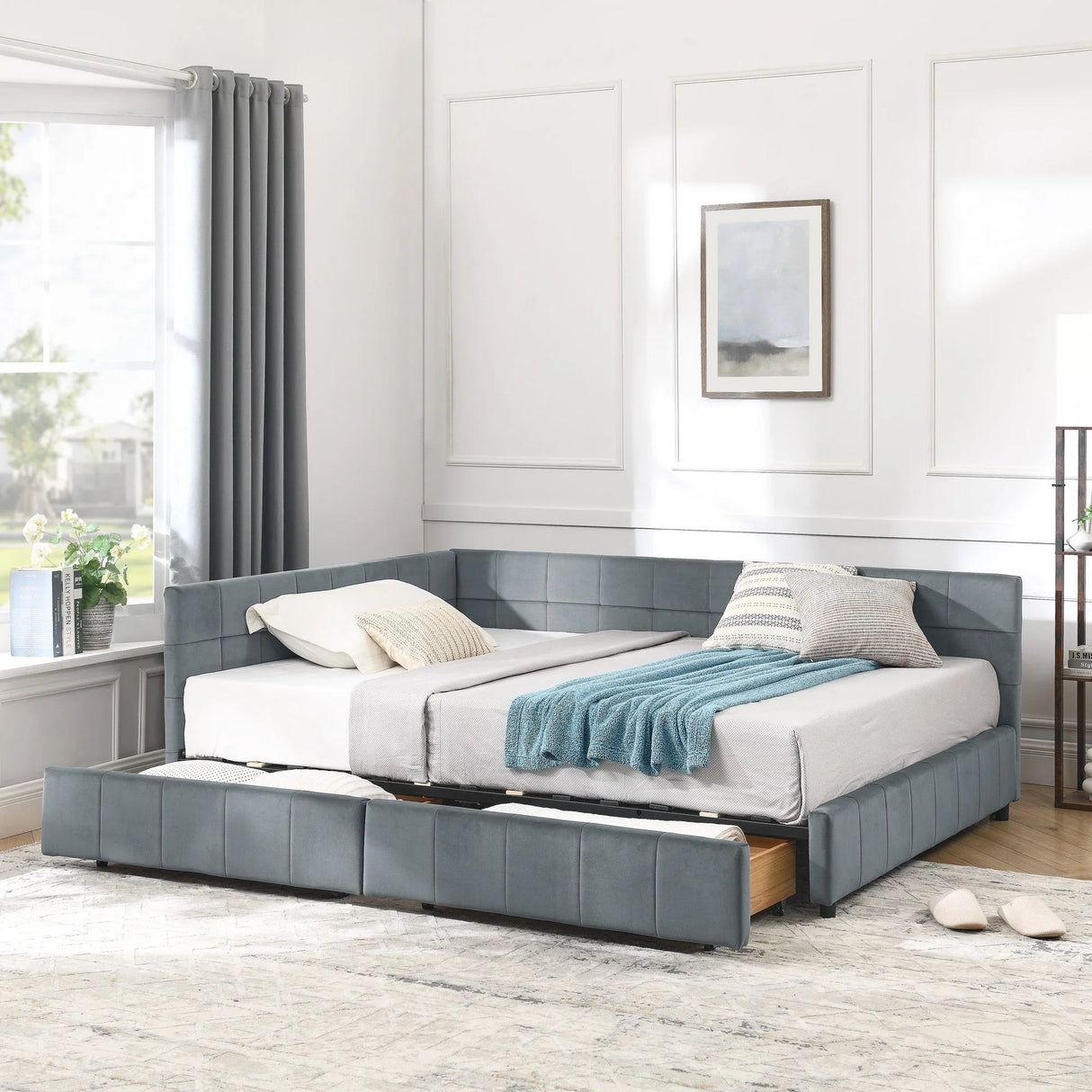 Mid-Century Storage Upholstered Tufted Bed Frame With Backrest And Armrests - Furniture Home Direct
