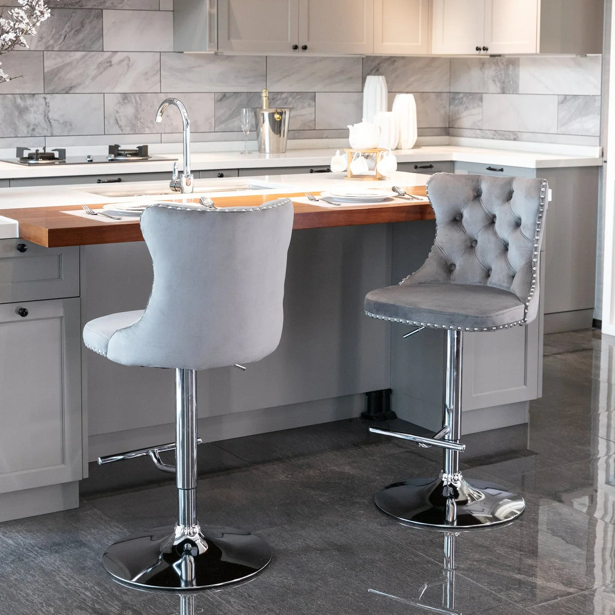 Counter Height Bar Stools Velvet Tufted Back Chrome Gray - Furniture Home Direct