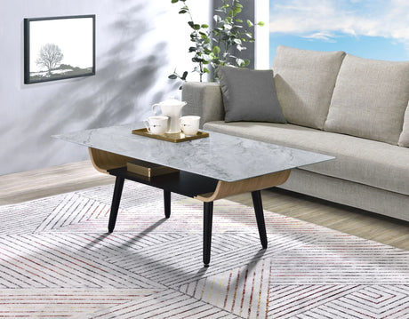Landon - Coffee Table With Glass Marble Texture Top And Bent Wood Design - Furniture Home Direct