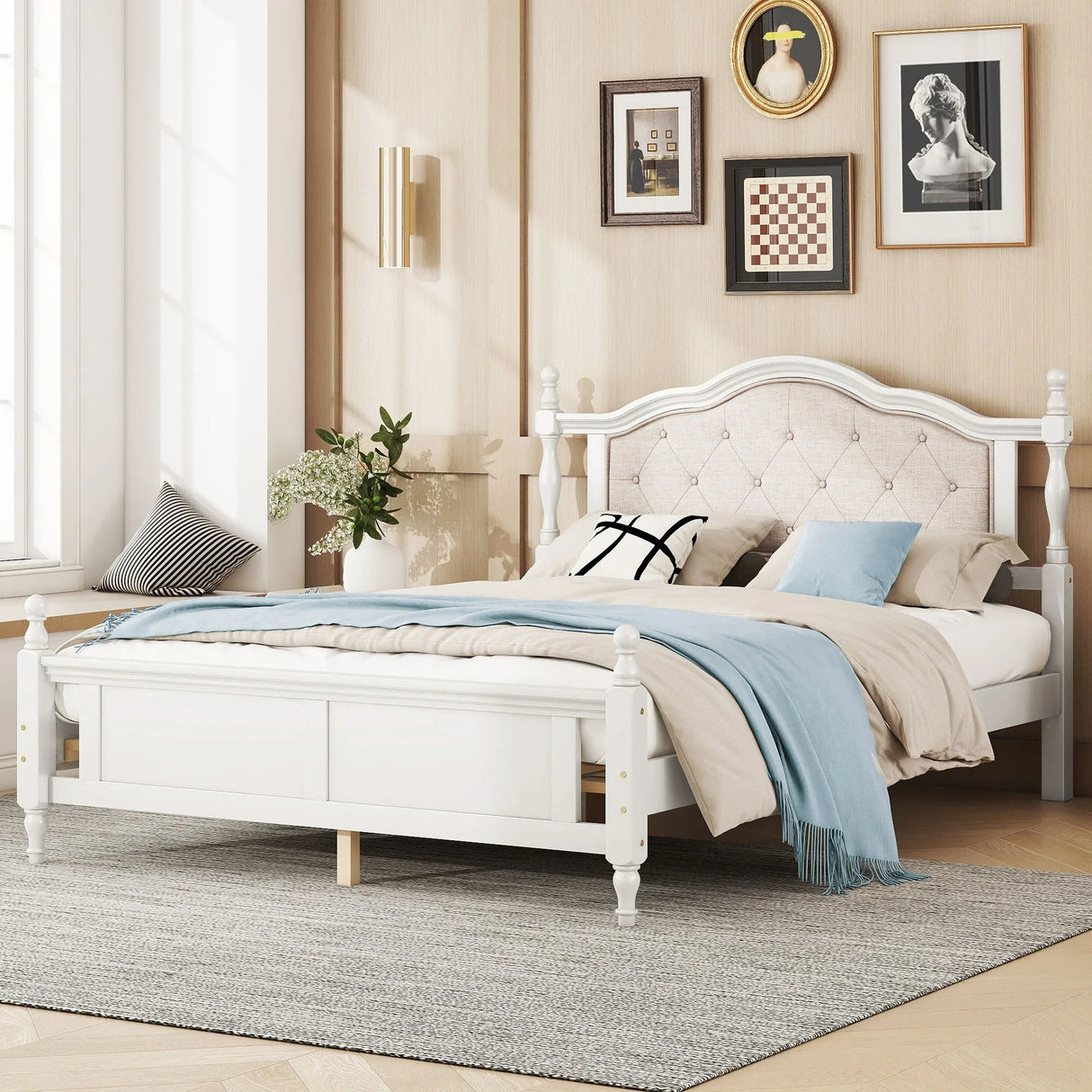 Pine Wooden Bed With Upholstered Headboard And Panel Footboard, With Two Bed Rail Support Feet And Central Platform Support Feet - Furniture Home Direct