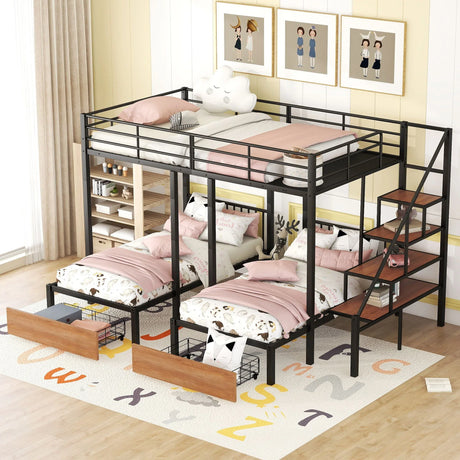 Full Over Twin-Twin Triple Bunk Bed With Drawers And Staircase - Black - Furniture Home Direct