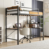 Space Saving Twin Size Loft Bed With L Shaped Desk, Shelves, Charging Station, Led Lights - Brown - Furniture Home Direct