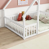 Wood House-Shaped Floor Bed With Fence, Guardrails - Furniture Home Direct