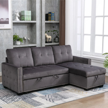 Reversible Sectional Storage Sleeper Sofa Bed, L-Shape 2 Seat Sectional Chaise With Storage, Skin-Feeling Velvet Fabric - Furniture Home Direct