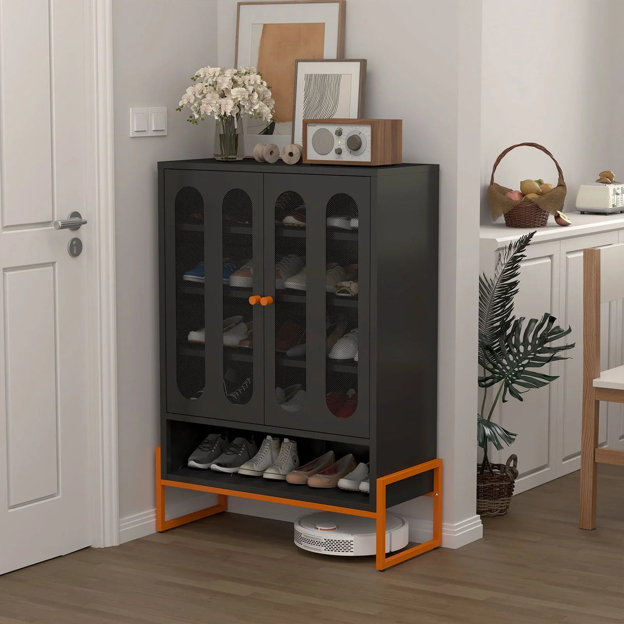 Modern Metal Shoe Cabinet With DoublebSided Mesh Doors And Adjustable Partitions - Furniture Home Direct