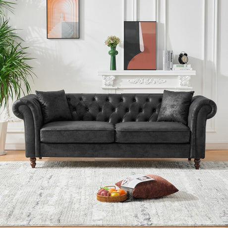 Chesterfield Sofa, High Tech Fabric Roll Armrest, 3 Seater Mid Century Modern Couch - Black - Furniture Home Direct