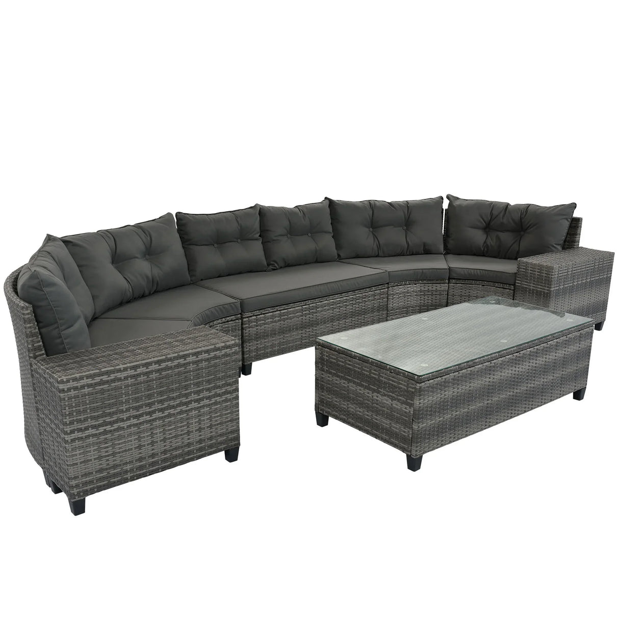 8 Pieces Outdoor Wicker Round Sofa Set, Half-Moon Sectional Sets All Weather, Curved Sofa Set With Rectangular Coffee Table, PE Rattan Water-Resistant And UV Protected, Movable Cushion - Furniture Home Direct
