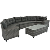 8 Pieces Outdoor Wicker Round Sofa Set, Half-Moon Sectional Sets All Weather, Curved Sofa Set With Rectangular Coffee Table, PE Rattan Water-Resistant And UV Protected, Movable Cushion - Furniture Home Direct