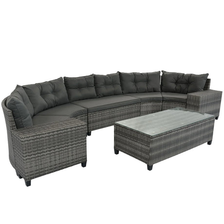 8 Pieces Outdoor Wicker Round Sofa Set, Half-Moon Sectional Sets All Weather, Curved Sofa Set With Rectangular Coffee Table, PE Rattan Water-Resistant And UV Protected, Movable Cushion - Furniture Home Direct