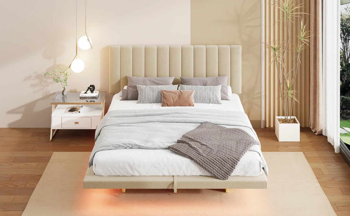 Queen Bed With Upholstered Storage And LED Lighting Beige - Furniture Home Direct