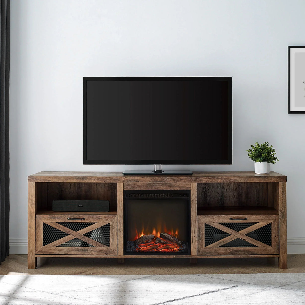 Industrial Farmhouse Metal Mesh Drop Down X Door Fireplace TV Stand - Furniture Home Direct