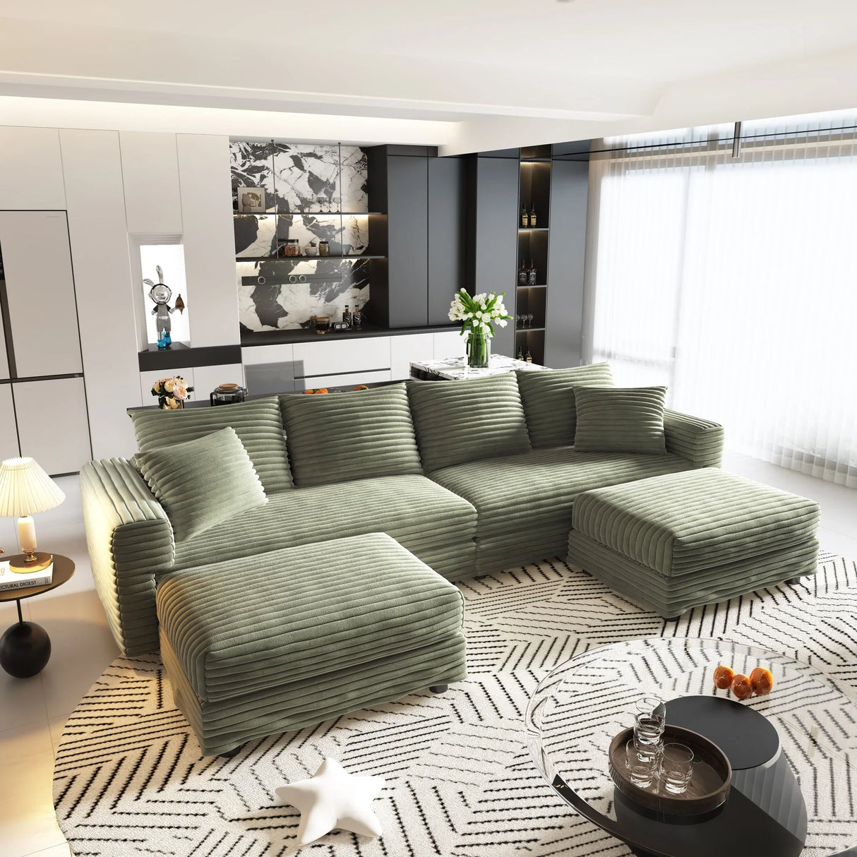 Deep Seat Convertible Sofa With Soft Pillows And Ottomans - Furniture Home Direct