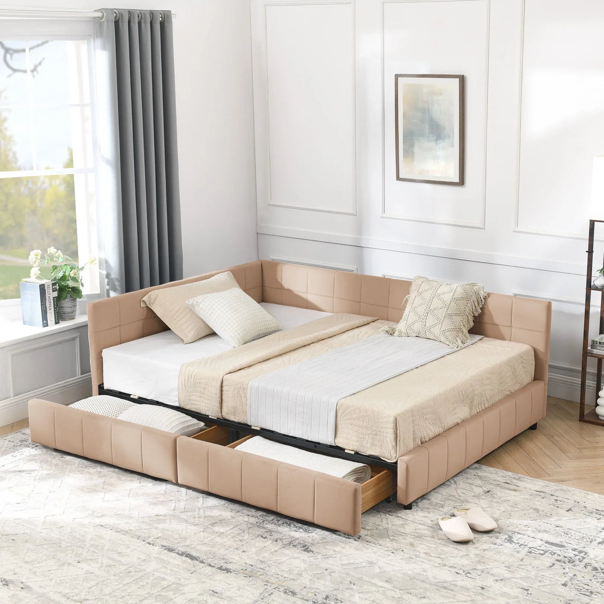 Mid-Century Storage Upholstered Tufted Bed Frame With Backrest And Armrests - Furniture Home Direct