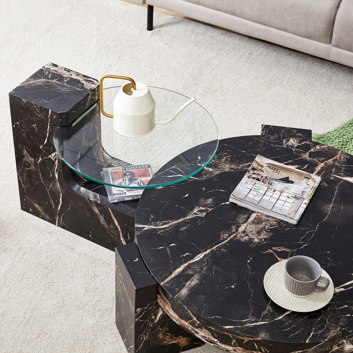 Detachable Double-Decker Black Patterned Coffee Table - Furniture Home Direct