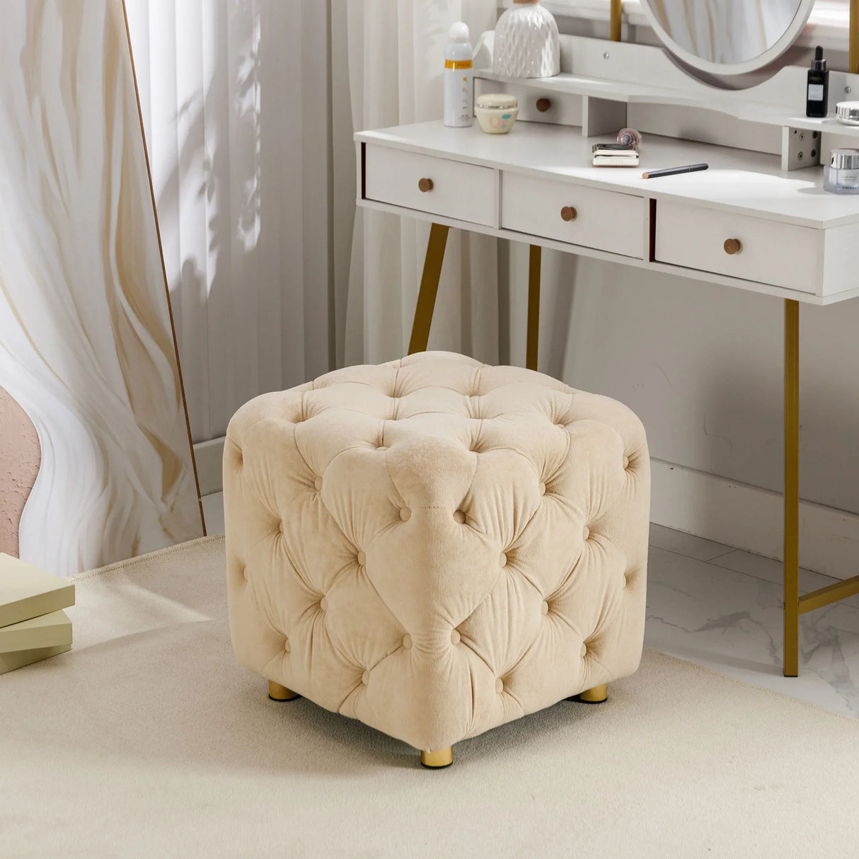 Modern Velvet Upholstered Ottoman, Exquisite Small End Table, Soft Foot Stool, Dressing Makeup Chair, Comfortable Seat For Living Room, Bedroom, Entrance - Furniture Home Direct