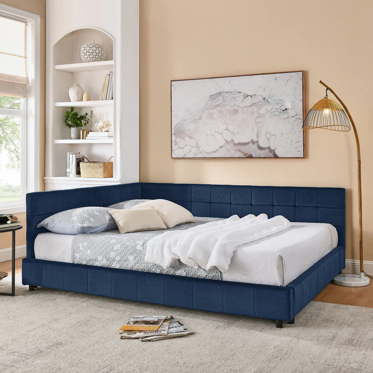 Mid-Century Storage Upholstered Tufted Bed Frame With Backrest And Armrests - Furniture Home Direct