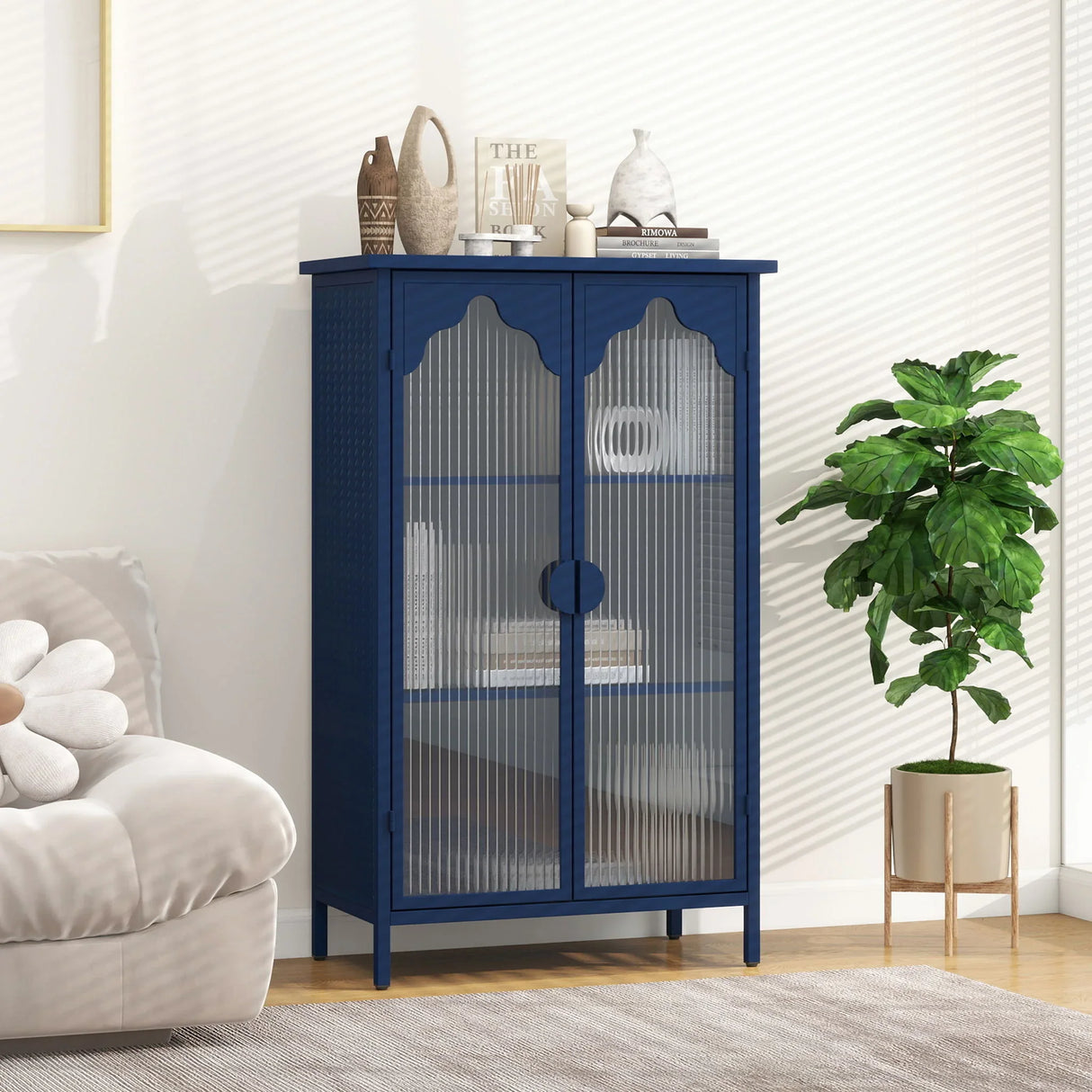 2 Doors Metal Storage Cabinet With Glass Doors - Dark Blue - Furniture Home Direct