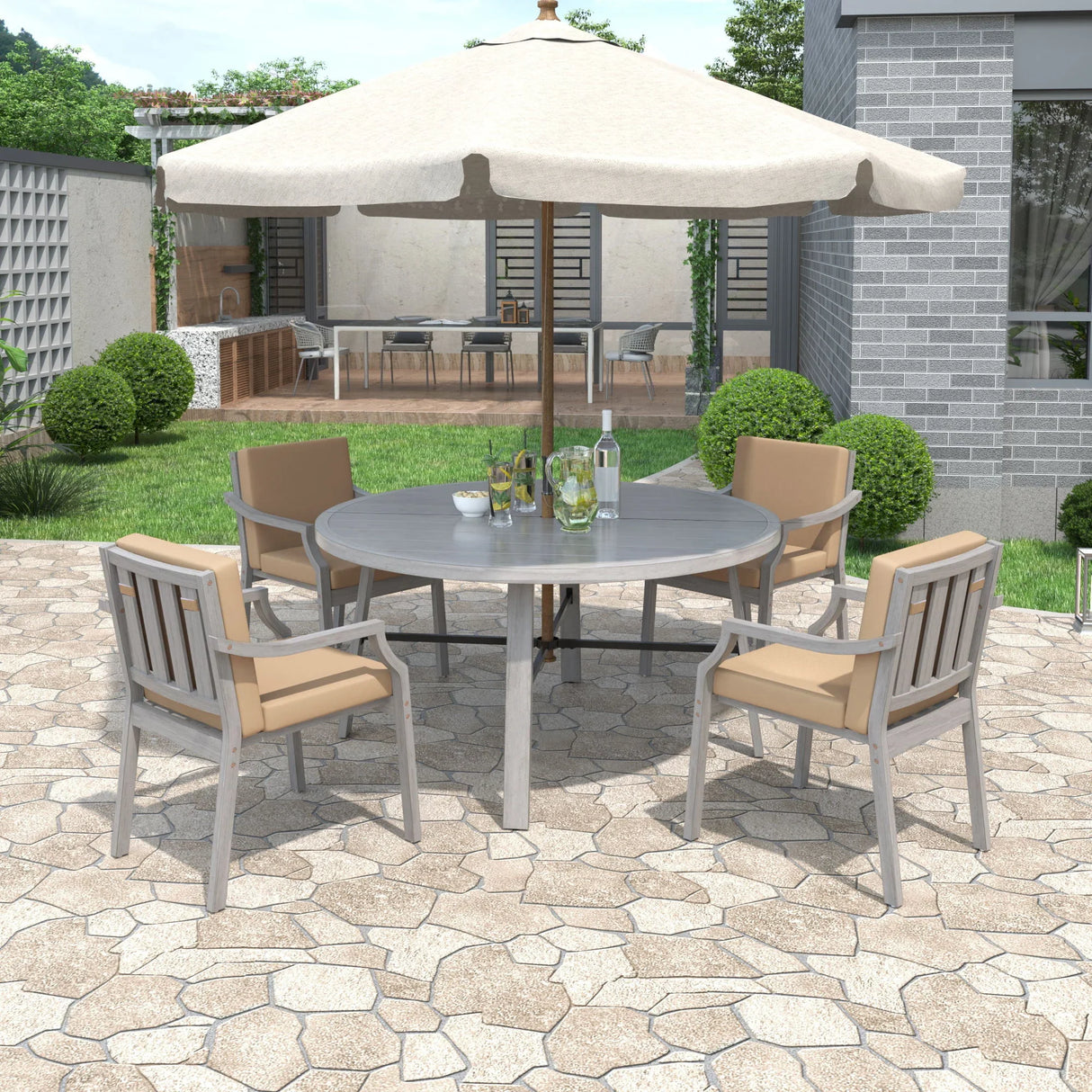 Outdoor Wooden Dinning Set With An Umbrella Hole And Removable Cushions For Patio - Furniture Home Direct