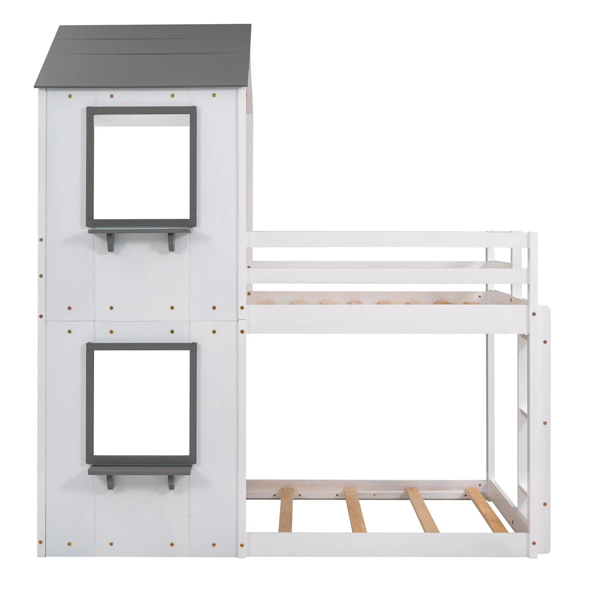 Bunk Bed Wood Bed & Roof, Window, Guardrail, Ladder - Furniture Home Direct
