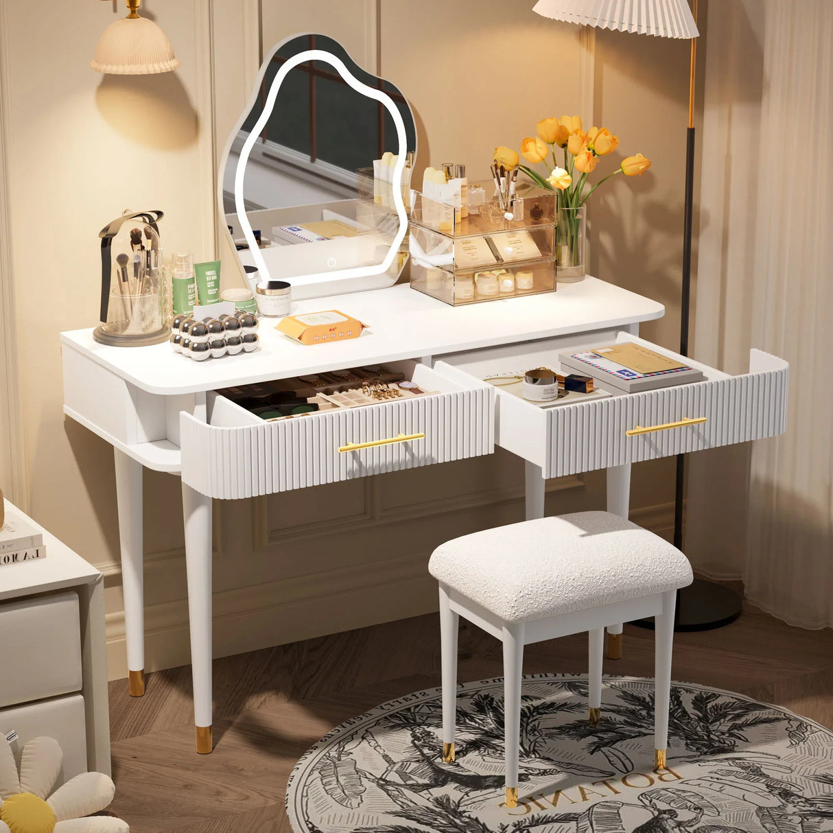 Modern Vanity Table Set With Mirror Touch Screen Lighted Mirror, Dressing Table And Cushioned Stool Set With 2 Large Drawers - White - Furniture Home Direct