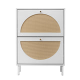 2 Door Shoe Rack, Rattan, Double Layer, Suitable For Living Room, Hallway - White - Furniture Home Direct