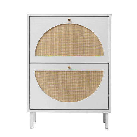 2 Door Shoe Rack, Rattan, Double Layer, Suitable For Living Room, Hallway - White - Furniture Home Direct