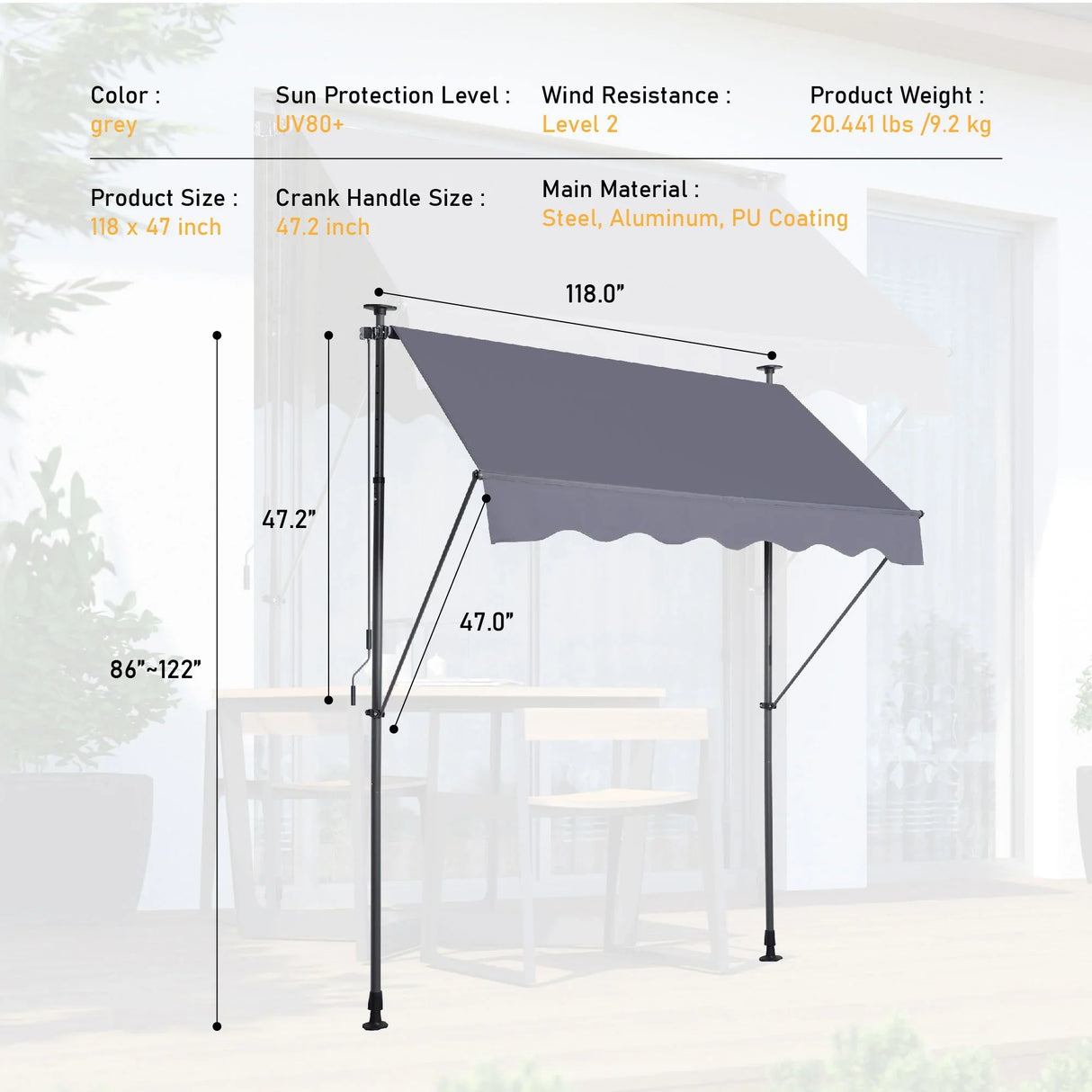 Manual Retractable Patio Awning, UV Resistant Polyester Sun Shade With No Drill Installation - Furniture Home Direct