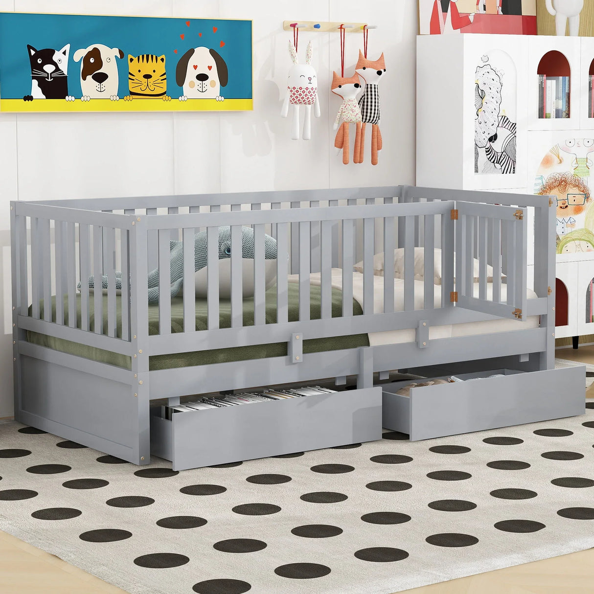 Daybed With Fence Guardrails And 2 Drawers, Split Into Independent Floor Bed & Daybed - Furniture Home Direct