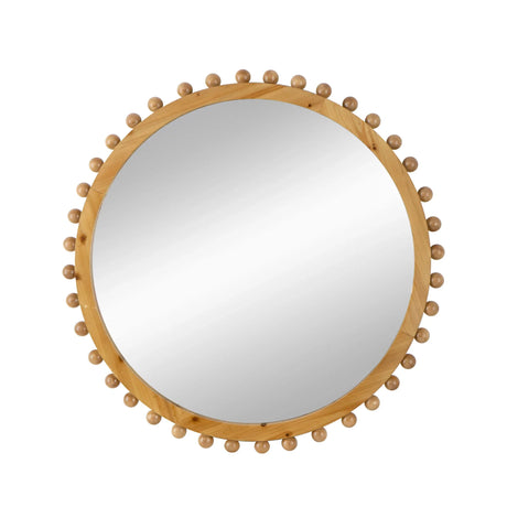 Wood Round Mirror With Beaded Frame, Circle Wall Mirror For Living Room Bedroom Entryway - Brown - Furniture Home Direct