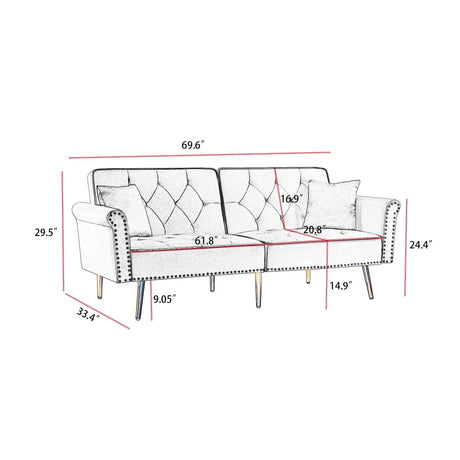 Velvet Tufted Sofa Couch With 2 Pillows And Nailhead Trim - Furniture Home Direct