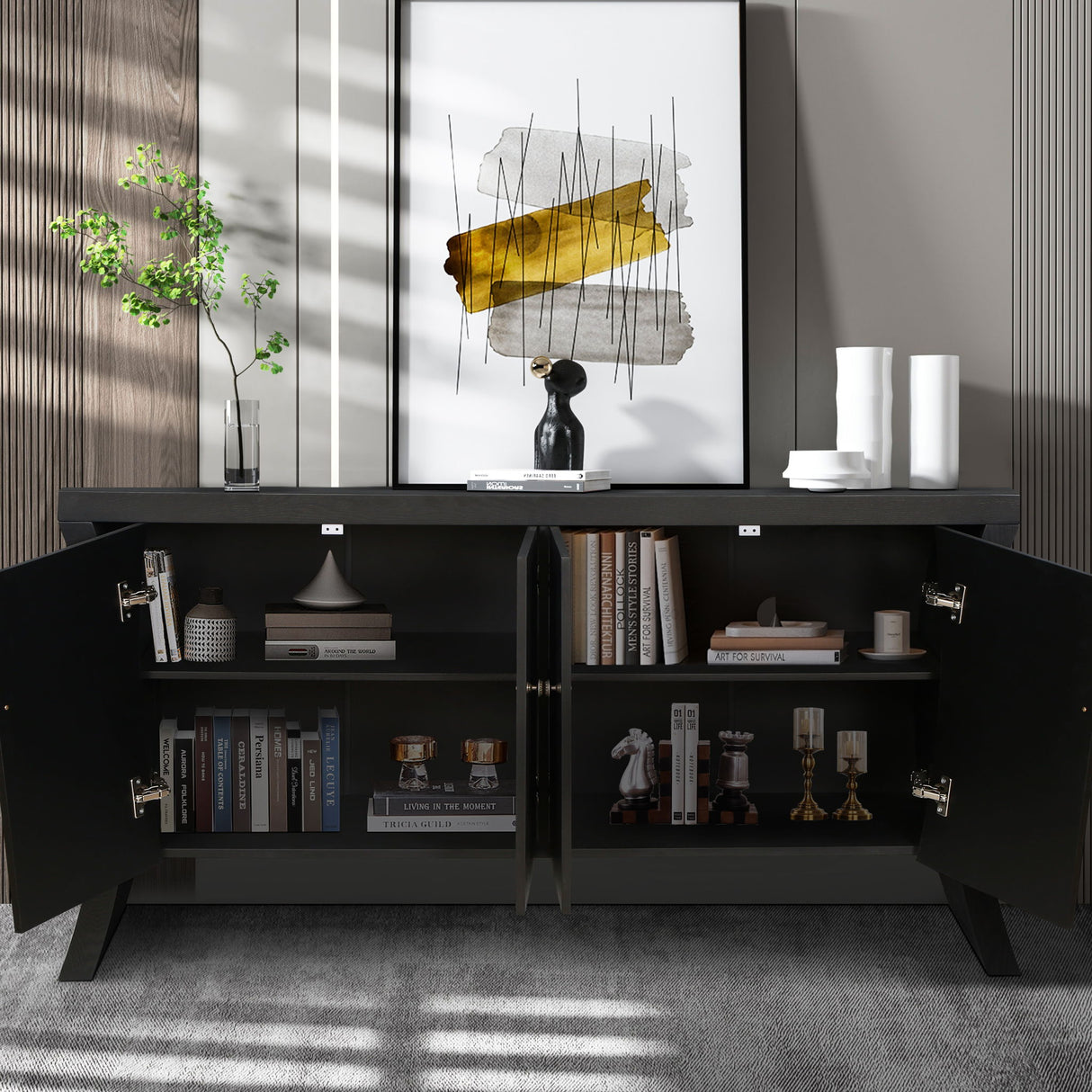 Refined Industrial 4 Door Credenza With Arc Legs & Bronze Clasps