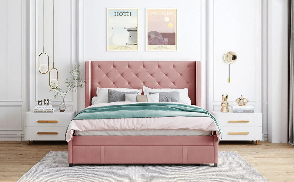 Storage Bed Velvet Upholstered Platform Bed With Wingback Headboard And A Big Drawer - Furniture Home Direct