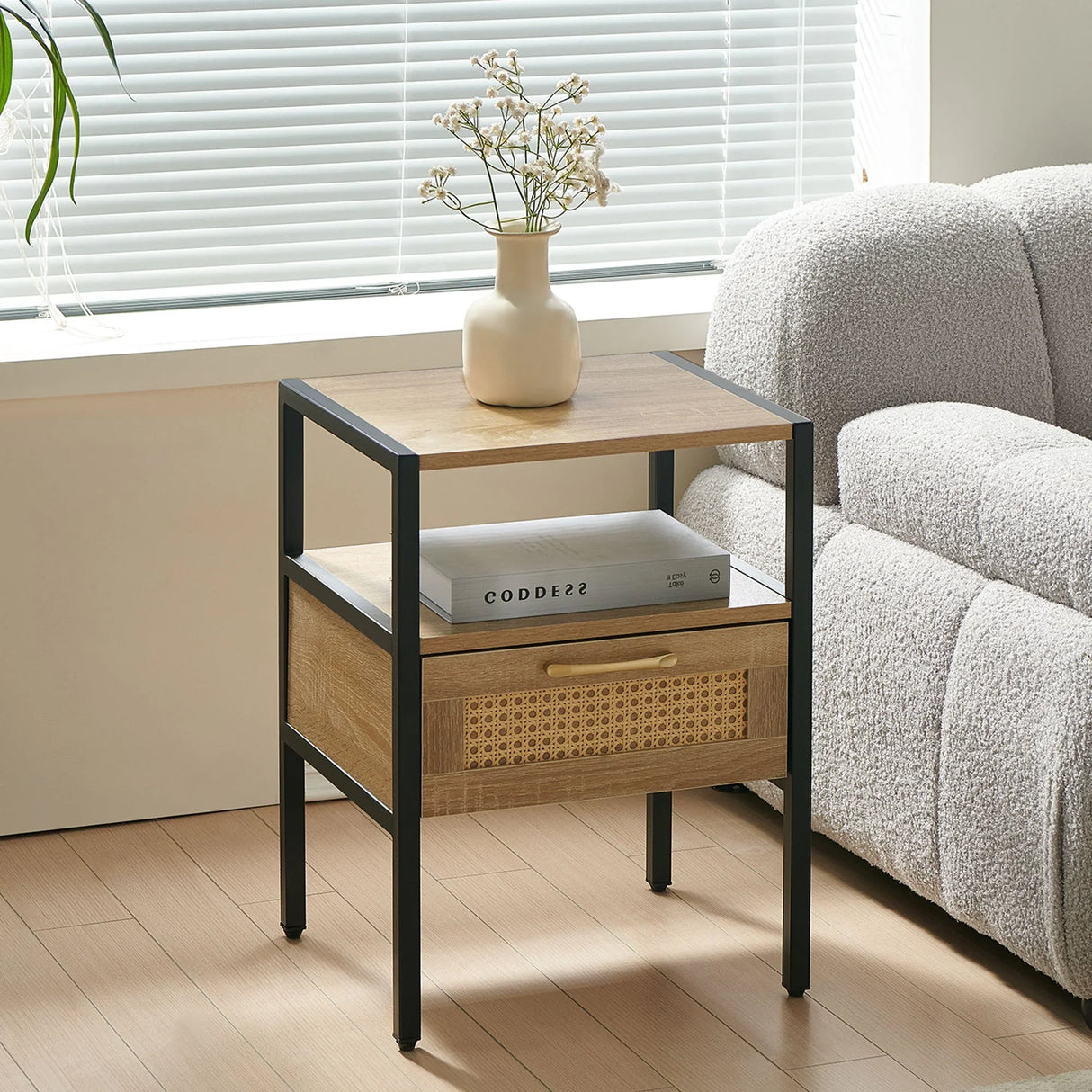 Rattan End Table With Drawer, Modern Nightstand, Metal Legs, Side Table For Living Room, Bedroom - Furniture Home Direct
