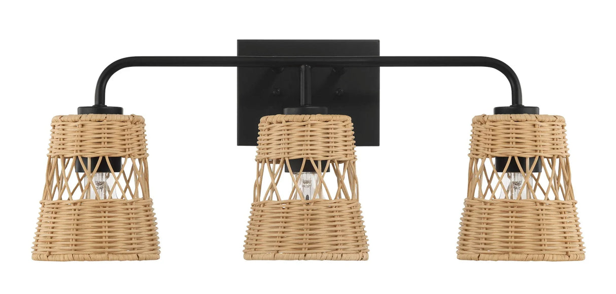 Moonlit - 3 Lights Wall Sconce With Shade, Bathroom Lighting Fixtures Over Mirror - Black / Rattan - Furniture Home Direct