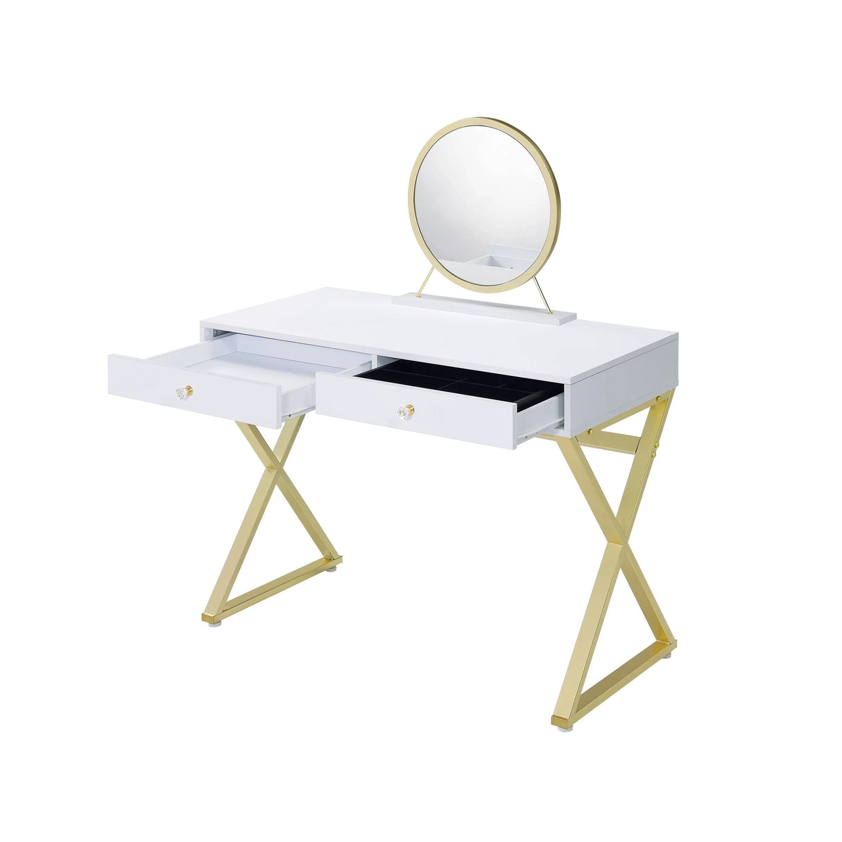 Vanity Desk With Mirror And Jewelry Tray Gold Legs White - Furniture Home Direct