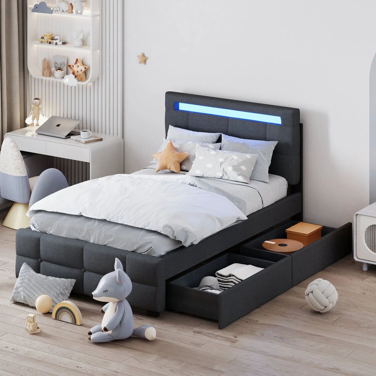 Upholstered Platform Bed With LED Frame, With Trundle And 2 Drawers - Furniture Home Direct