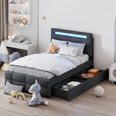 Upholstered Platform Bed With LED Frame, With Trundle And 2 Drawers - Furniture Home Direct