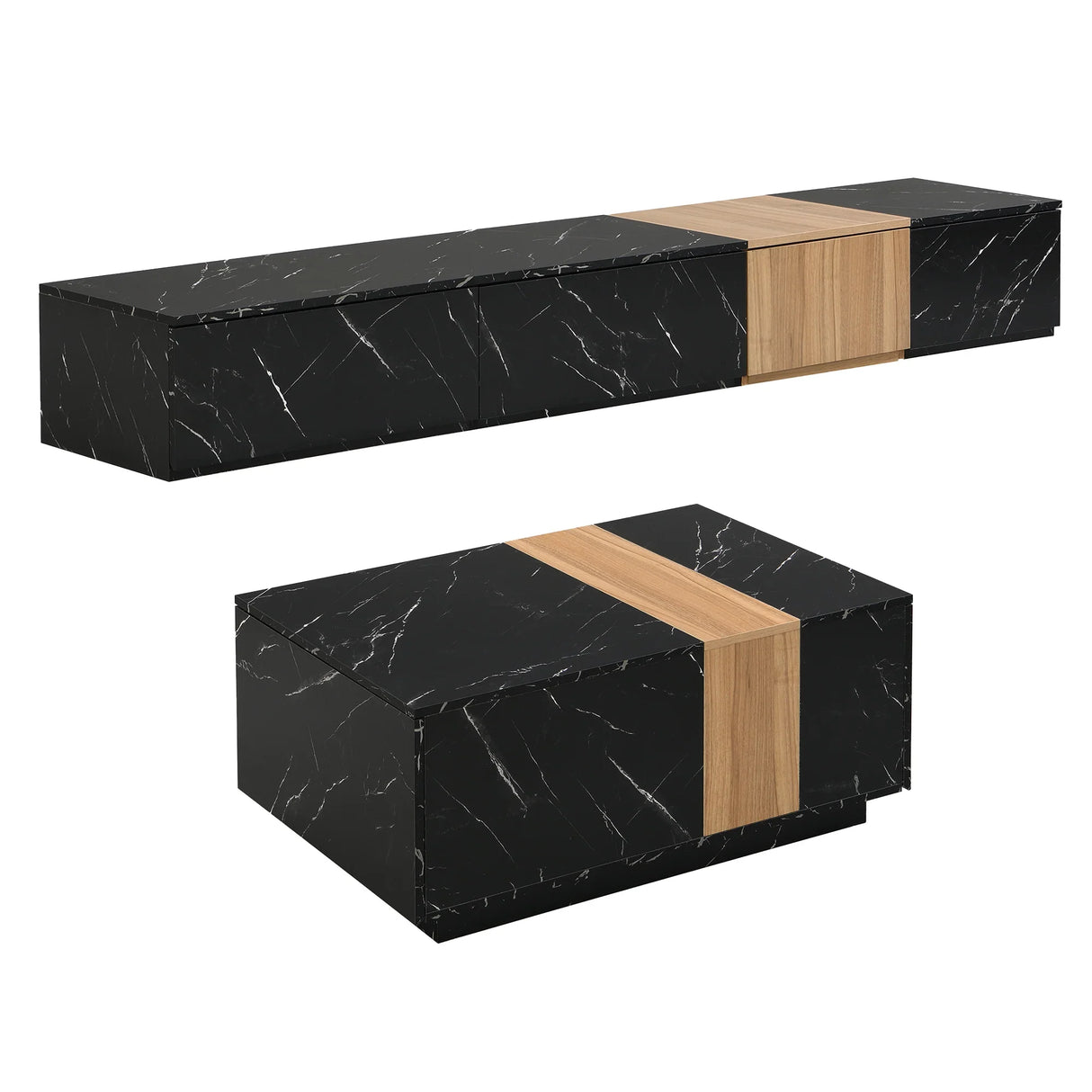 TV Stand Modern Marble Look With Wood Accent Black - Furniture Home Direct