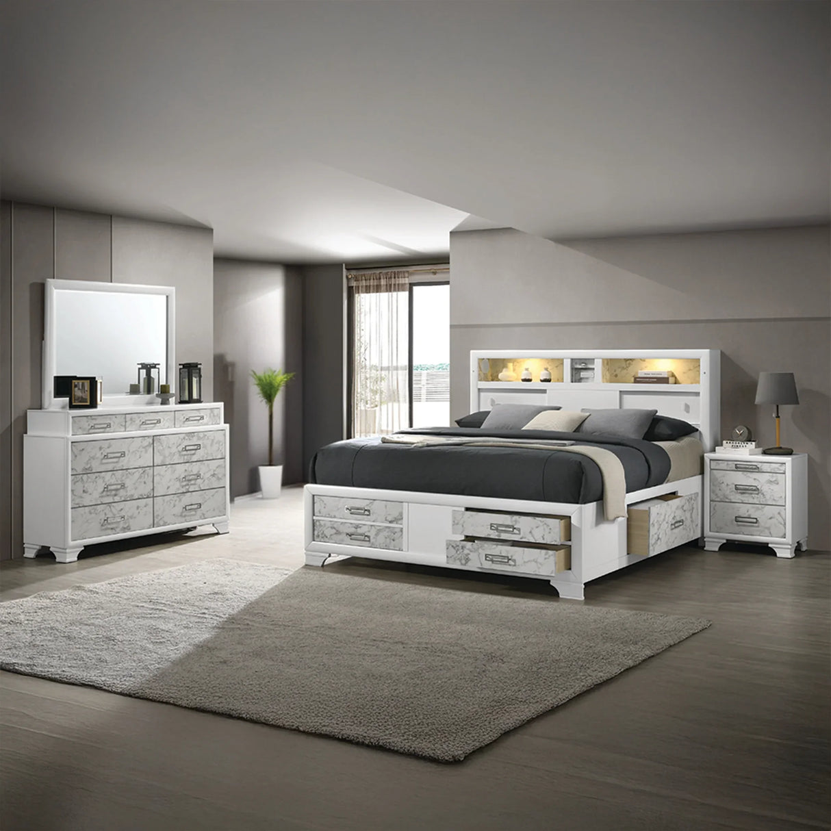 Queen Bed With Storage Drawers Modern Marble Finish White - Furniture Home Direct