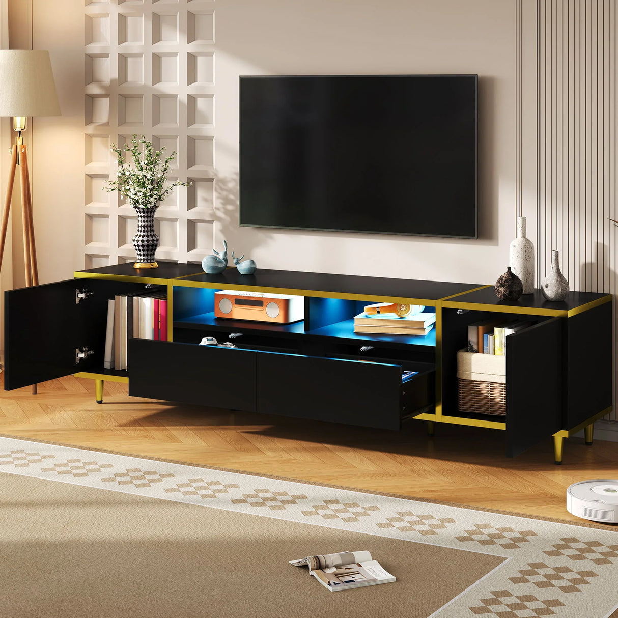 TV Stand For TVs Up To 80", Entertainment Center With 2 Shelves And LED Lights - Furniture Home Direct