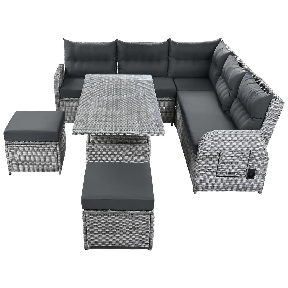 6 Piece Patio Set With An Adjustable Table, Recliners With Extendable Side Tables, And 2 Ottomans - Gray - Furniture Home Direct