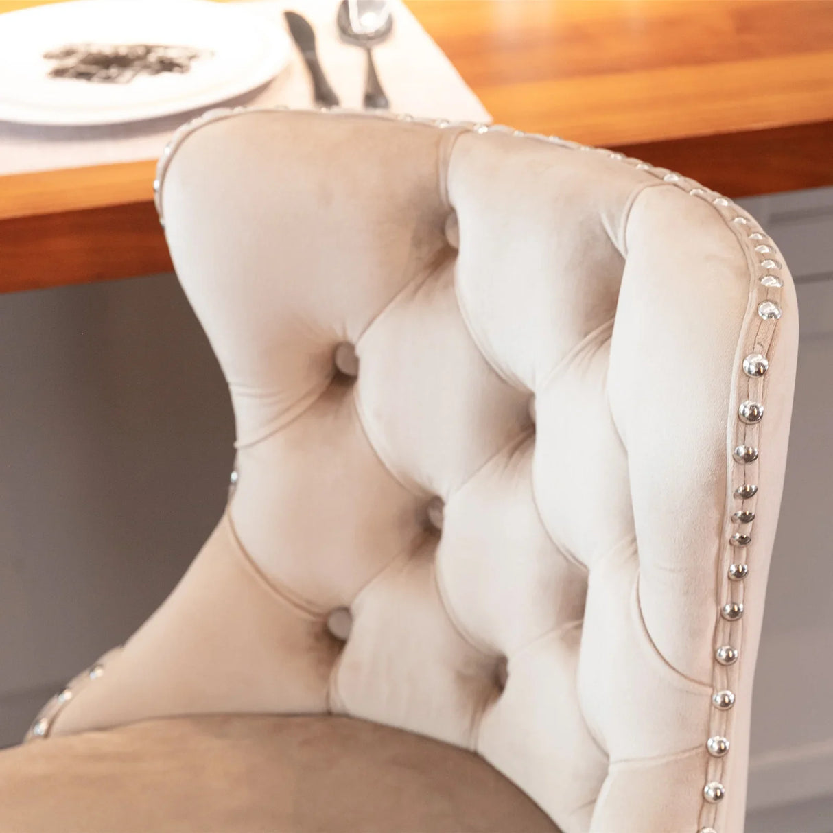 Bar Stool Set Swivel Tufted Velvet Chrome Base Khaki - Furniture Home Direct