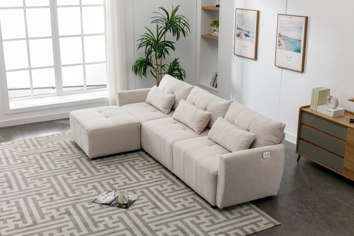113.3 Modular Sectional With Ottoman And USB C Ports Beige - Furniture Home Direct