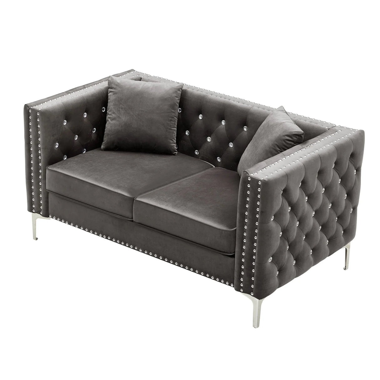 Wide Sofa With Jeweled Buttons Square Arm, 2 Pillows - Furniture Home Direct