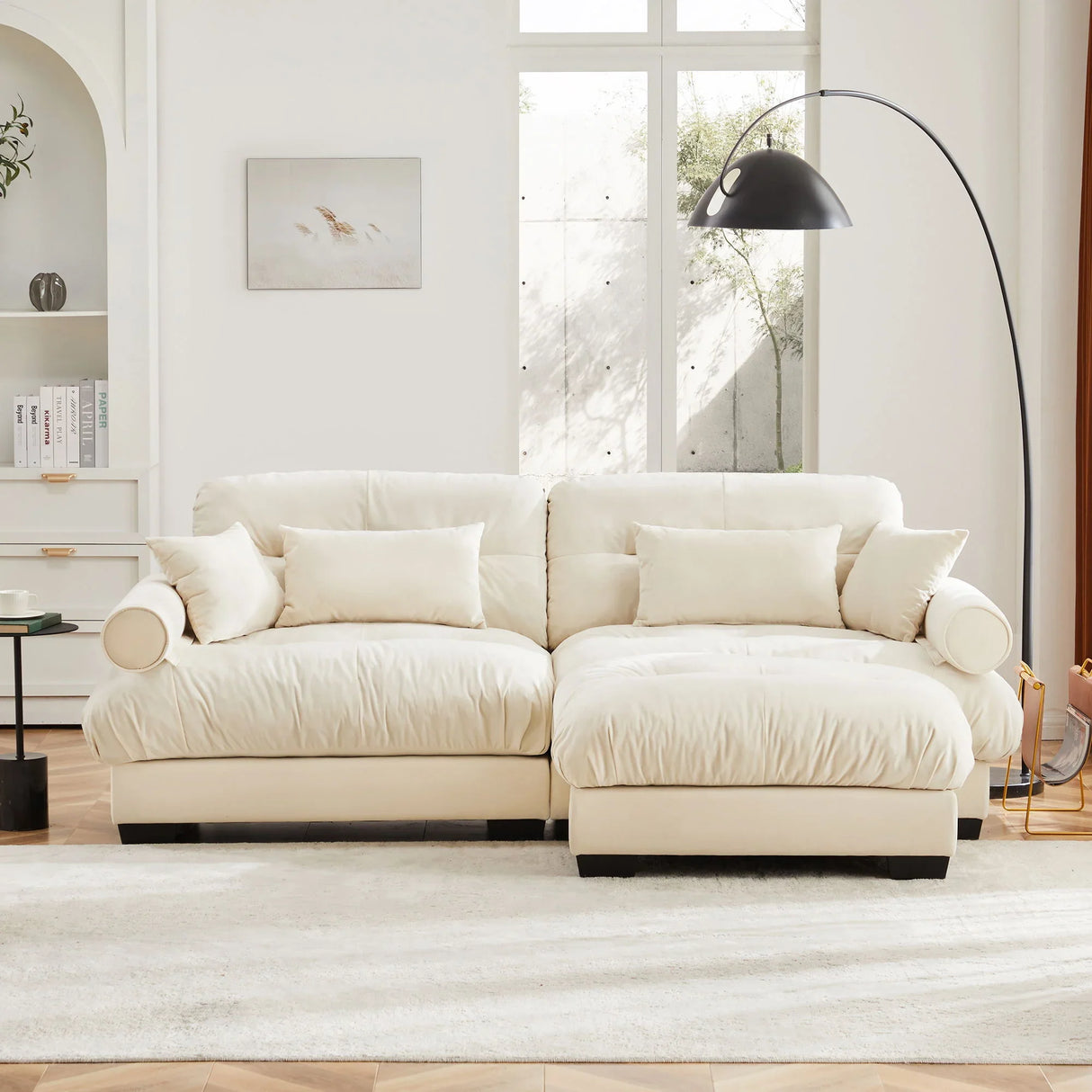 Modern Sectional Sofa With Ottoman, Round Bolster Armrests, Waist And Throw Pillows - Furniture Home Direct