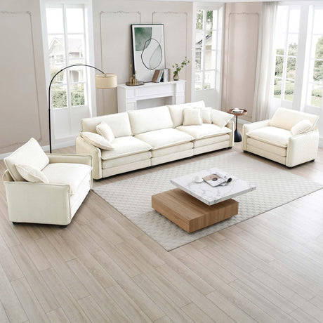 3 Piece Living Room Set with Soft Cushions and Pillows in Corduroy Fabric - Off White - Furniture Home Direct