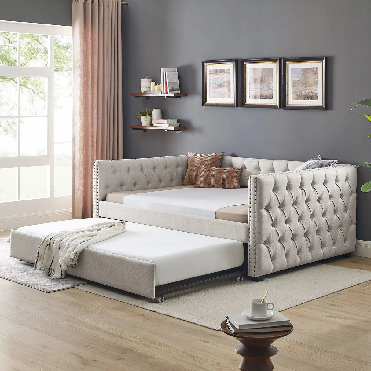 Inspired Upholstered Daybed With Trundle, Button Tufted - Furniture Home Direct