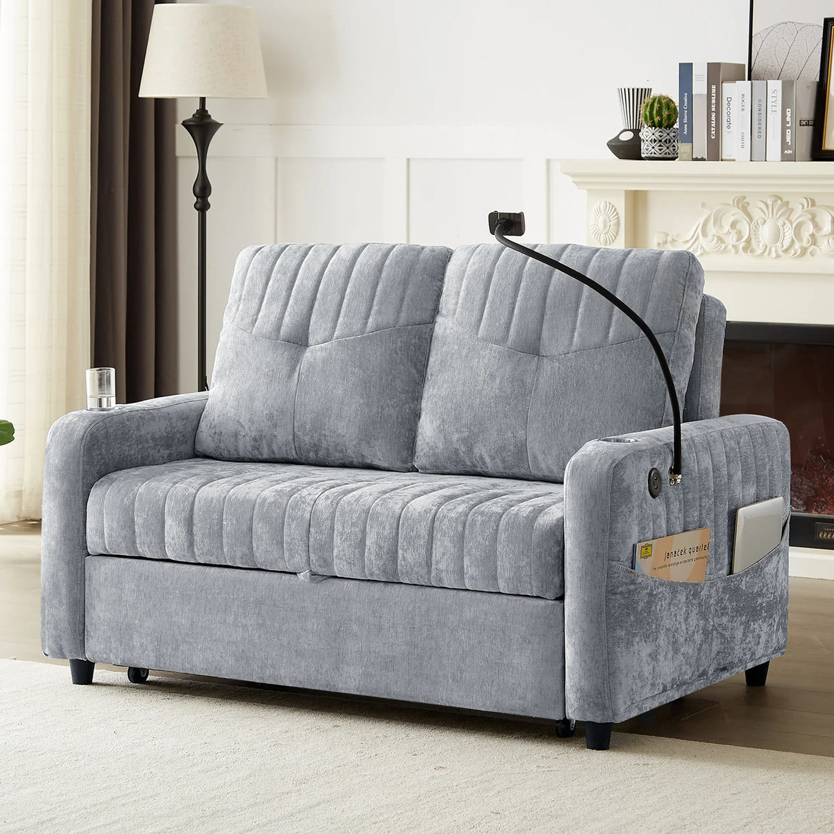 Sleeper Sofa With Adjustable Backrest, Two Cup Holders, Phone Holder, Three Charging Ports And Side Storage Pockets - Gray - Furniture Home Direct